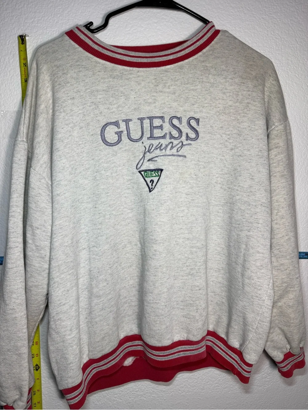 Guess Light Gray Crewneck Sweater with Red Trim